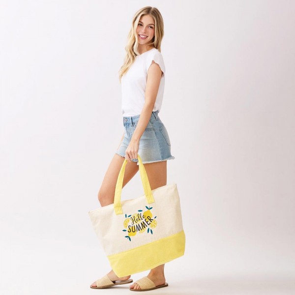 "Hello Summer" Terry Cloth Tote Bag - Full Zip Closure - Lined Body with Open Pocket - Approximately 22" L X 16" T X 6" D - 80% Polyester / 20% Polyamide view 5