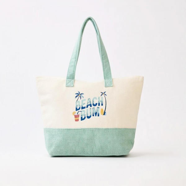 "Beach Bum" Terry Cloth Tote Bag 

- Full Zip Closure
- Lined Body with Open Pocket
- Approximately 22" L X 16" T X 6" D
- 80% Polyester / 20% Polyamide 
