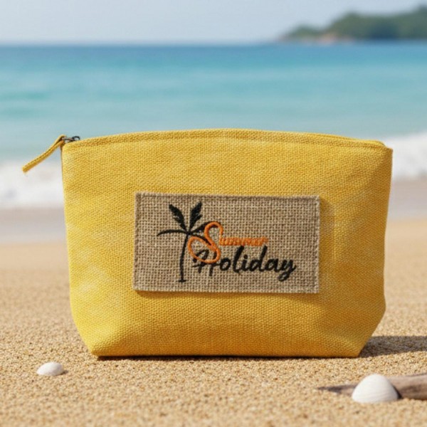 Canvas Pouch With "Summer Holiday" Burlap Patch Detail - Fill Zip Closure - Lined Body with Open Pocket - Approximately 9.5" L X 6" T X 2.5" D - 80% Polyester / 20% Burlap view 5