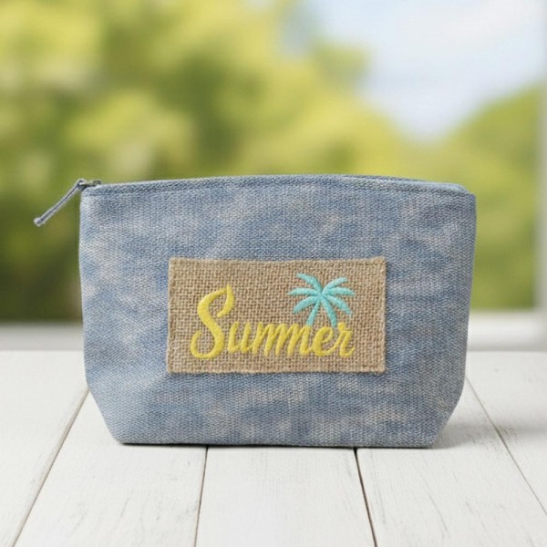 Canvas Pouch With "Summer" Burlap Patch Detail - Fill Zip Closure - Lined Body with Open Pocket - Approximately 9.5" L X 6" T X 2.5" D - 80% Polyester / 20% Burlap view 5