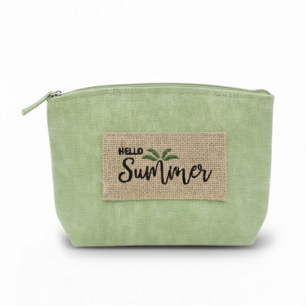 Canvas Pouch With "Hello Summer" Burlap Patch Detail 

- Fill Zip Closure
- Lined Body with Open Pocket
- Approximately 9.5" L X 6" T X 2.5" D
- 80% Polyester / 20% Burlap