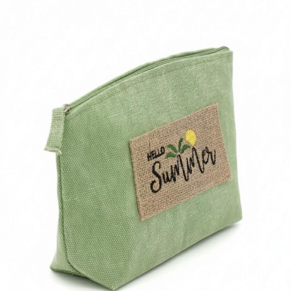 Canvas Pouch With "Hello Summer" Burlap Patch Detail 

- Fill Zip Closure
- Lined Body with Open Pocket
- Approximately 9.5" L X 6" T X 2.5" D
- 80% Polyester / 20% Burlap