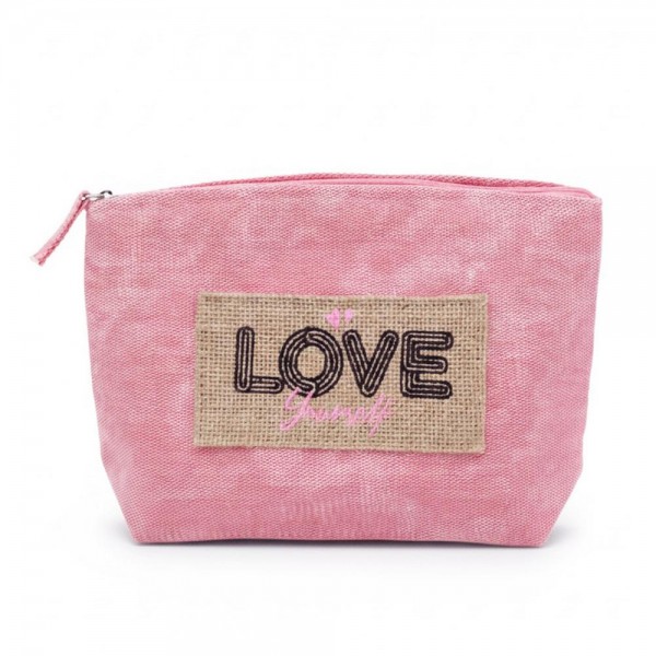 Canvas Pouch With "Love Yourself" Burlap Patch Detail 

- Fill Zip Closure
- Lined Body with Open Pocket
- Approximately 9.5" L X 6" T X 2.5" D
- 80% Polyester / 20% Burlap