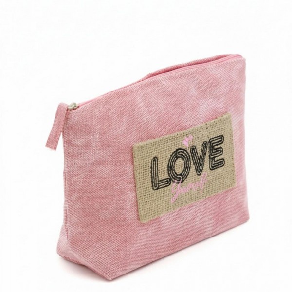 Canvas Pouch With "Love Yourself" Burlap Patch Detail 

- Fill Zip Closure
- Lined Body with Open Pocket
- Approximately 9.5" L X 6" T X 2.5" D
- 80% Polyester / 20% Burlap