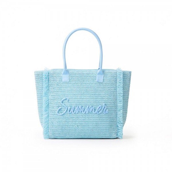 Woven Straw & Gold Lurex "Summer" Bag With Fringe Detail 

- Full Zip Closure 
- 1 Inner Pocket 
- Approximately 13.5" L X 14" T X 5" D
- 100% Paper 