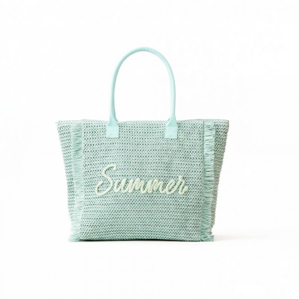 Woven Straw & Gold Lurex "Summer" Bag With Fringe Detail 

- Full Zip Closure 
- 1 Inner Pocket 
- Approximately 13.5" L X 14" T X 5" D
- 100% Paper 