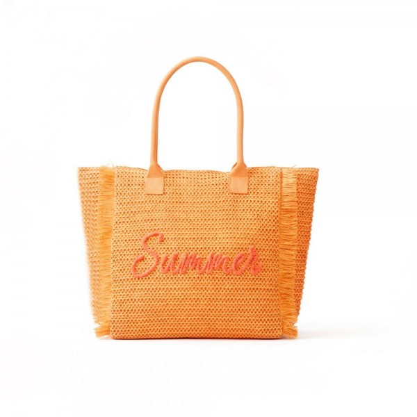 Woven Straw & Gold Lurex "Summer" Bag With Fringe Detail 

- Full Zip Closure 
- 1 Inner Pocket 
- Approximately 13.5" L X 14" T X 5" D
- 100% Paper 