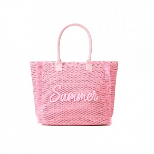 Woven Straw & Gold Lurex "Summer" Bag With Fringe Detail 

- Full Zip Closure 
- 1 Inner Pocket 
- Approximately 13.5" L X 14" T X 5" D
- 100% Paper 