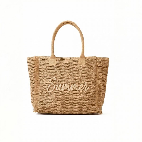 Woven Straw & Gold Lurex "Summer" Bag With Fringe Detail 

- Full Zip Closure 
- 1 Inner Pocket 
- Approximately 13.5" L X 14" T X 5" D
- 100% Paper 