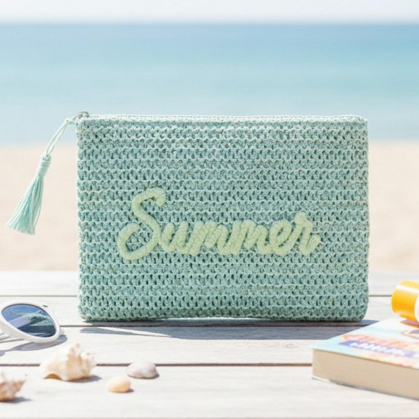 Woven Straw & Gold Lurex "Summer" Pouch - Full Zip Closure - 1 Inner Open Pocket - 100% Paper view 5