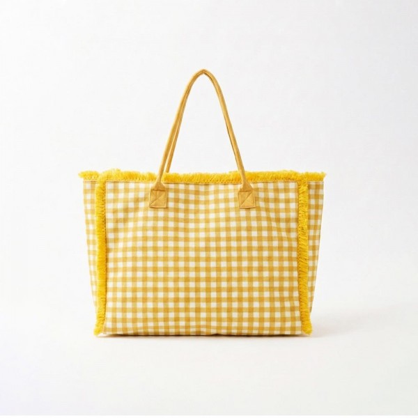 Gingham Terry Cloth Tote Bag With Fringe Detail 

- Full Zip Closure
- 1 Internal Pocket 
- Approximately 17.5" L X 14" T X 5" D
- 100% Polyester 