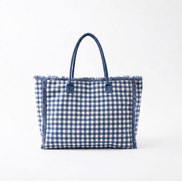 Gingham Terry Cloth Tote Bag With Fringe Detail 

- Full Zip Closure
- 1 Internal Pocket 
- Approximately 17.5" L X 14" T X 5" D
- 100% Polyester 