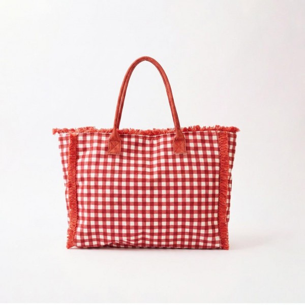 Gingham Terry Cloth Tote Bag With Fringe Detail 

- Full Zip Closure
- 1 Internal Pocket 
- Approximately 17.5" L X 14" T X 5" D
- 100% Polyester 