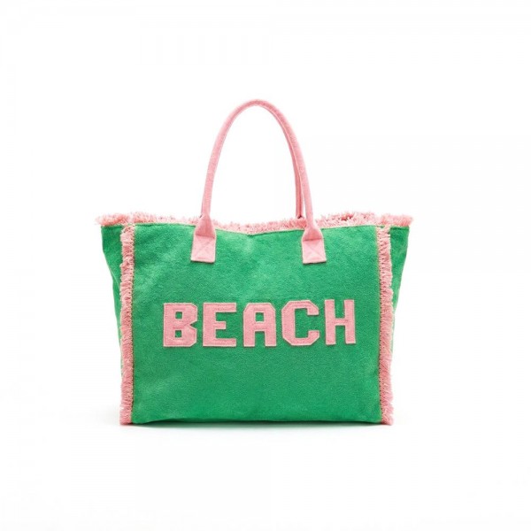 "BEACH" Terry Cloth Tote Bag With Fringe Detail 

- Full Zip Closure 
- 1 Internal Pocket 
- Approximately 17.5" L X 13.5" T X 5" D
- 100% Polyester 