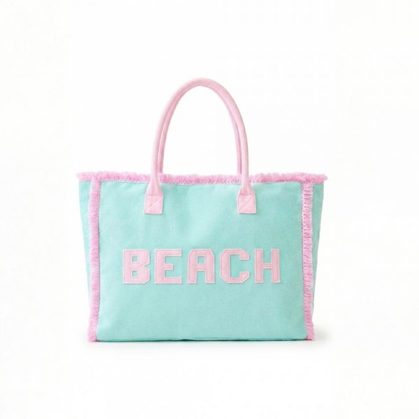 "BEACH" Terry Cloth Tote Bag With Fringe Detail 

- Full Zip Closure 
- 1 Internal Pocket 
- Approximately 17.5" L X 13.5" T X 5" D
- 100% Polyester 