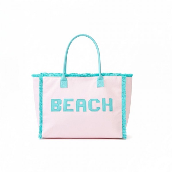 "BEACH" Terry Cloth Tote Bag With Fringe Detail 

- Full Zip Closure 
- 1 Internal Pocket 
- Approximately 17.5" L X 13.5" T X 5" D
- 100% Polyester 