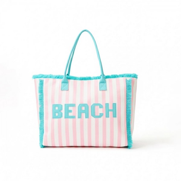 "BEACH" Patch Terry Cloth Striped Tote Bag With Frings Detail 

- Full Zip Closure 
- 1 Inner Pocket 
- Approximately 17.5" L X 13" T X 5" D
- 100% Polyester 