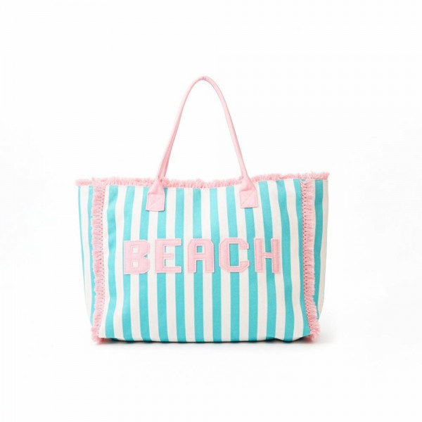 "BEACH" Patch Terry Cloth Striped Tote Bag With Frings Detail 

- Full Zip Closure 
- 1 Inner Pocket 
- Approximately 17.5" L X 13" T X 5" D
- 100% Polyester 