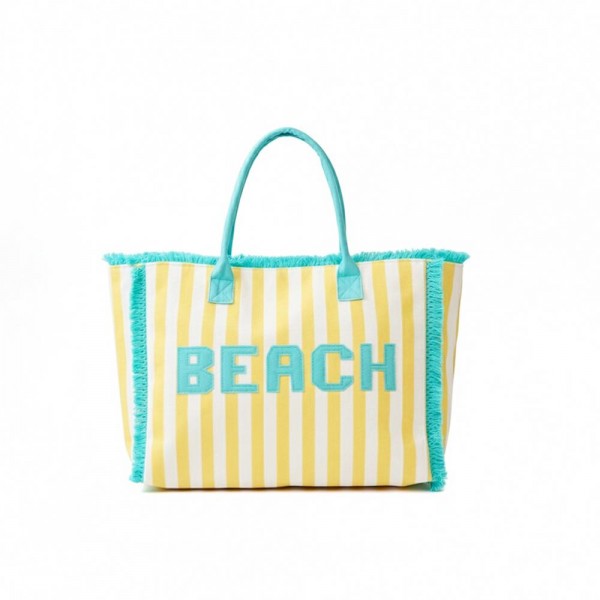 "BEACH" Patch Terry Cloth Striped Tote Bag With Frings Detail 

- Full Zip Closure 
- 1 Inner Pocket 
- Approximately 17.5" L X 13" T X 5" D
- 100% Polyester 