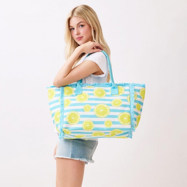 Lemon & Stripe Fringe Tote Bag 

- Full Zip Closure 
- 1 Inner Pocket 
- Approximately 14.5" L  X 11.5" T X 7" D
- 100% Polyester                                                                                                                                                                                                                                                                                                                                                 