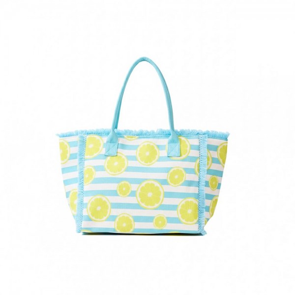 Lemon & Stripe Fringe Tote Bag 

- Full Zip Closure 
- 1 Inner Pocket 
- Approximately 14.5" L  X 11.5" T X 7" D
- 100% Polyester                                                                                                                                                                                                                                                                                                                                                 