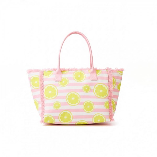 Lemon & Stripe Fringe Tote Bag 

- Full Zip Closure 
- 1 Inner Pocket 
- Approximately 14.5" L  X 11.5" T X 7" D
- 100% Polyester                                                                                                                                                                                                                                                                                                                                                 