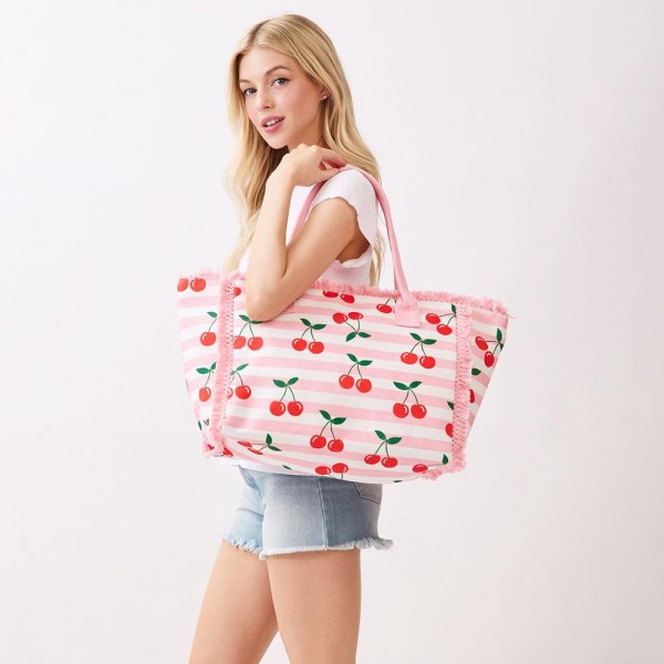 Cherries & Stripe Fringe Tote Bag 

- Full Zip Closure 
- 1 Inner Pocket 
- Approximately 14.5" L  X 11.5" T X 7" D
- 100% Polyester        