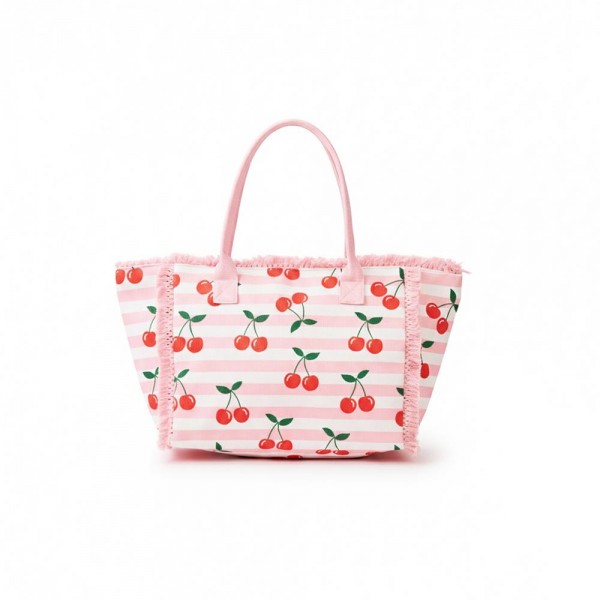 Cherries & Stripe Fringe Tote Bag 

- Full Zip Closure 
- 1 Inner Pocket 
- Approximately 14.5" L  X 11.5" T X 7" D
- 100% Polyester        