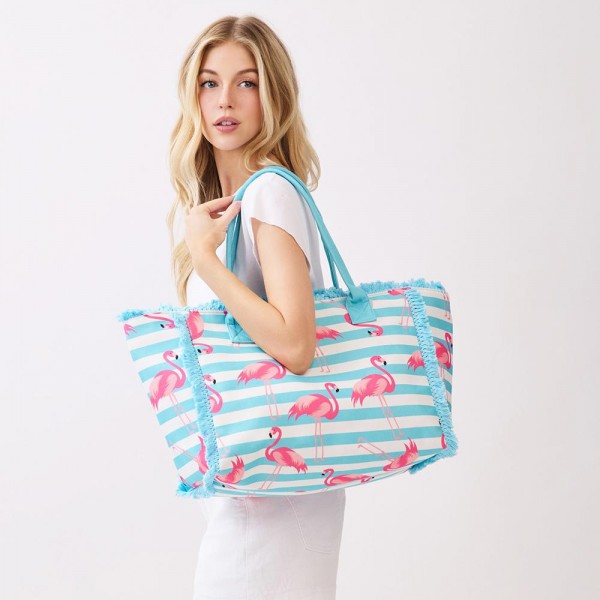 Flamingo & Stripe Fringe Tote Bag 

- Full Zip Closure 
- 1 Inner Pocket 
- Approximately 14.5" L  X 11.5" T X 7" D
- 100% Polyester       