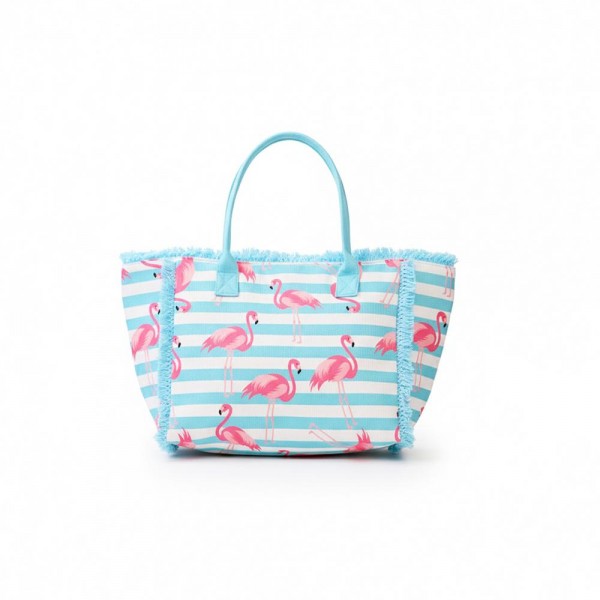 Flamingo & Stripe Fringe Tote Bag 

- Full Zip Closure 
- 1 Inner Pocket 
- Approximately 14.5" L  X 11.5" T X 7" D
- 100% Polyester       