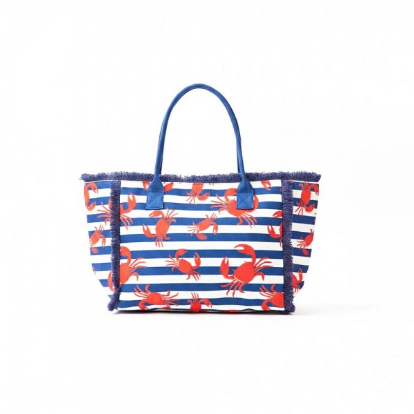 Crab & Stripe Fringe Tote Bag 

- Full Zip Closure 
- 1 Inner Pocket 
- Approximately 14.5" L  X 11.5" T X 7" D
- 100% Polyester       