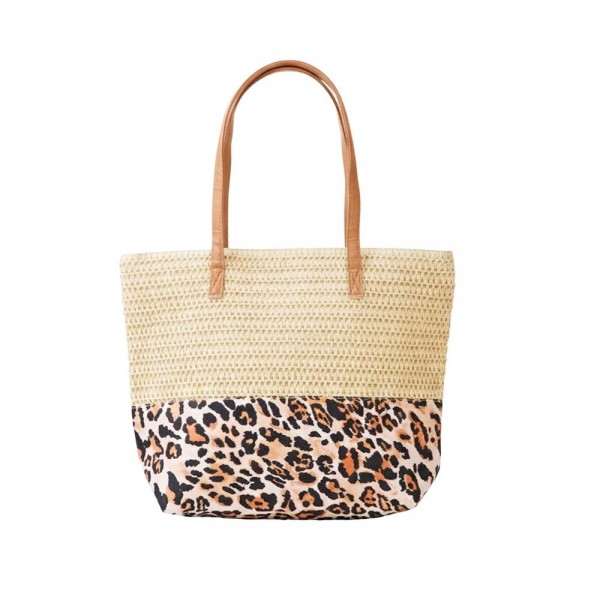 Straw & Leopard Print Tote Bag 

- Full Zip Closure 
- 1 Internal Pocket 
- Approximately 18" L X 14" T X 5" D
- 100% Polyester 