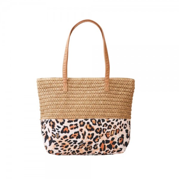 Straw & Leopard Print Tote Bag 

- Full Zip Closure 
- 1 Internal Pocket 
- Approximately 18" L X 14" T X 5" D
- 100% Polyester 