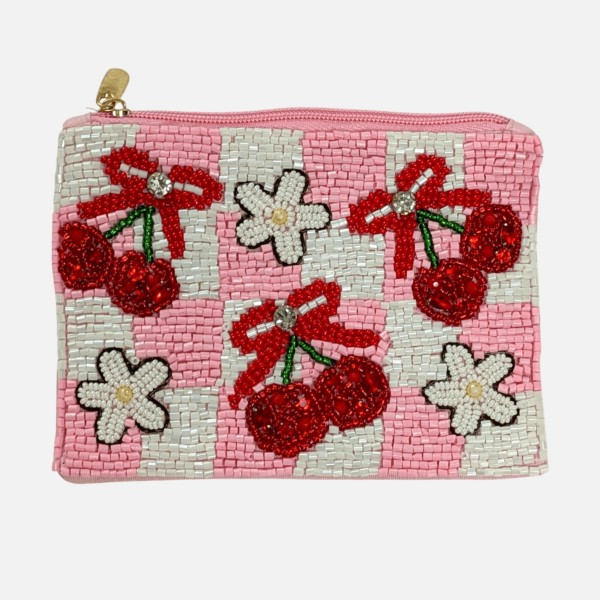 Checker Cherry Bow Seed Beaded Canvas Bag

- Fully Lined Inside
- 100% Cotton Bag
- Approximately 5" L X 4" T