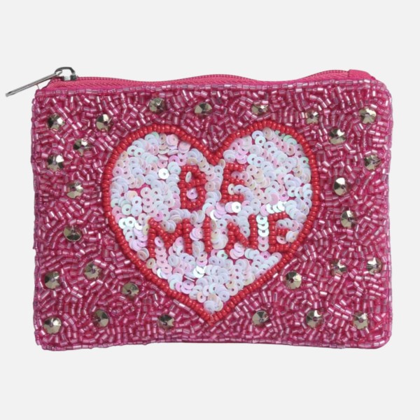 "BE MINE" Sequin Heart Seed Beaded Canvas Bag

- Fully Lined Inside
- 100% Cotton Bag
- Approximately 5" L X 4" T