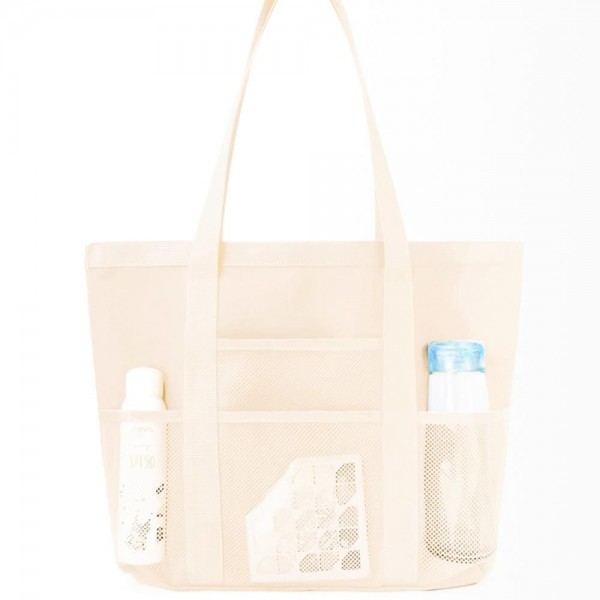 Nylon Tote Bag With Mesh Pockets 

- 4 External Open Mesh Pockets 
- 1 Internal Zip Pocket 
- Approximately 16" L X 12" T X 4" D