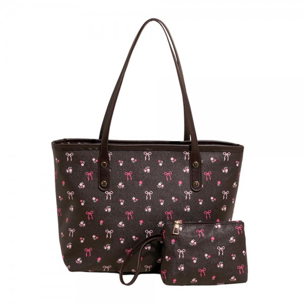 Bow & Flower Print Vegan Leather Tote Bag 

- Full Zip Closure
- Lined Body 
- Matching Wristlet Included 
- Approximately 15" L X 7" T X 4" D
