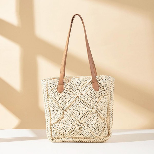 Straw Tote Bag With Lattice Detail & Vegan Leather Straps 

- Full Zip Closure
- Lined Body with Open Pocket
- Approximately 10" L X 1"1 T X 2" D
