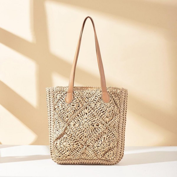 Straw Tote Bag With Lattice Detail & Vegan Leather Straps 

- Full Zip Closure
- Lined Body with Open Pocket
- Approximately 10" L X 1"1 T X 2" D
