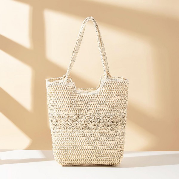 Straw Tote Bag With Eyelet Detail 

- Full Zip Closure
- Lined Body with Open Pocket
- Approximately 15" L X 16" T X 2" D 
