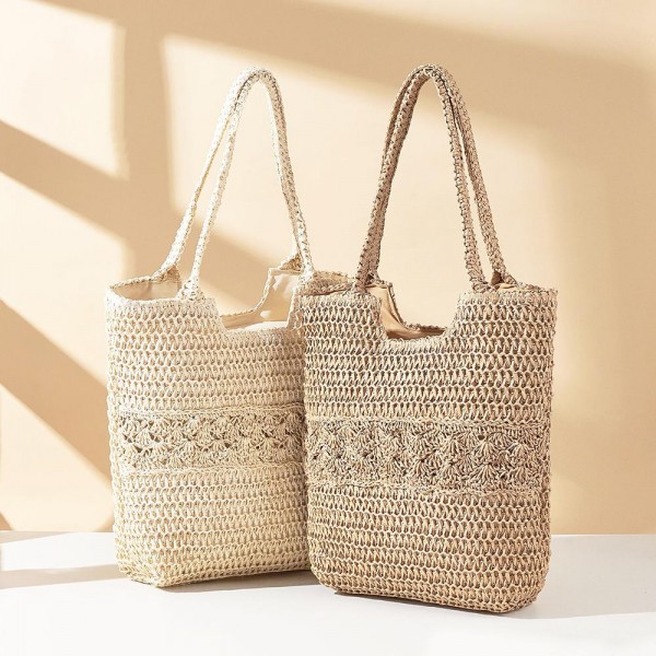 Straw Tote Bag With Eyelet Detail 

- Full Zip Closure
- Lined Body with Open Pocket
- Approximately 15" L X 16" T X 2" D 
