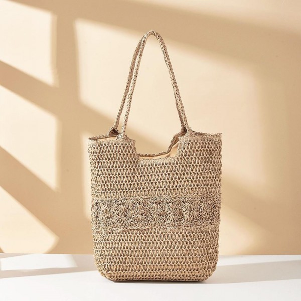 Straw Tote Bag With Eyelet Detail 

- Full Zip Closure
- Lined Body with Open Pocket
- Approximately 15" L X 16" T X 2" D 
