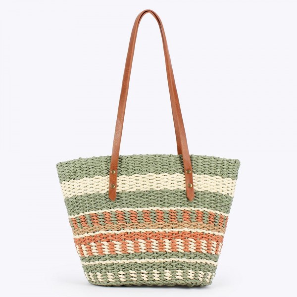 Multi Color Straw Tote Bag With Vegan Leather Handles 

- Snap Closure 
- Lined Body 
- 1 Open Pocket
- Approximately  11" L X 9" T X 6" D