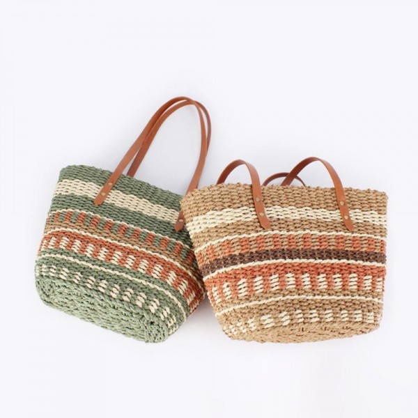 Multi Color Straw Tote Bag With Vegan Leather Handles 

- Snap Closure 
- Lined Body 
- 1 Open Pocket
- Approximately  11" L X 9" T X 6" D