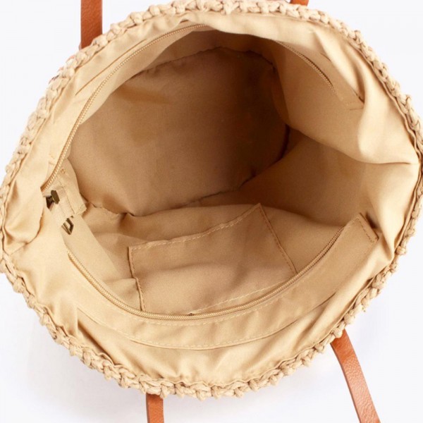 Multi Color Straw Tote Bag With Vegan Leather Handles - Snap Closure - Lined Body - 1 Open Pocket - Approximately 11" L X 9" T X 6" D view 5