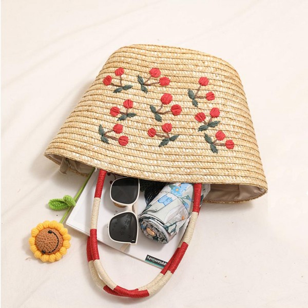 Straw Tote Bag With Woven Cherries & Two Tone Handles 

- Full Zip Closure 
- Lined Body 
- 1 Open Pocket
- Approximately  12" L X 10.5" T X 6" D

