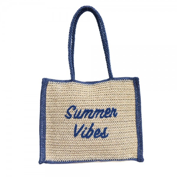 Two Tone Straw "Summer Vibes" Tote Bag

- Full Zip Closure
- Lined Body
- 1 Open Pocket
- Approximately 15" L X 12.5" T X 6" D