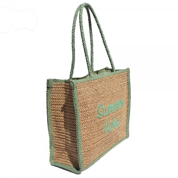 Two Tone Straw "Summer Vibes" Tote Bag

- Full Zip Closure
- Lined Body
- 1 Open Pocket
- Approximately 15" L X 12.5" T X 6" D