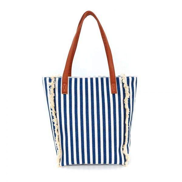 Stripe Canvas Tote Bag With Fringe Detail & Vegan Leather Handles 

- Full Zip Closure
- Lined Body 
- 1 Open Pocket 
- Approximately 10" L X 13" T X 3.25" D