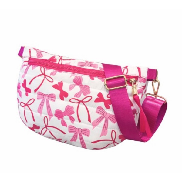 Bows Printed Nylon Crossbody Bag 

- Full Zip Closure 
- Lined Body 
- 1 Internal Zip Pocket
- Removable Crossbody Strap
- Approximately 11.5" L X 8" T